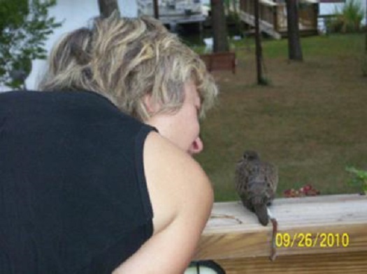 woman looking at dove on railing of deck